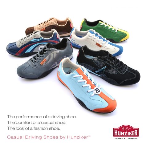 The Hunziker Casual Driving Shoe Collection is here.  Find the perfect shoe to express your love of sports cars, motorsports and the classic car lifestyle. Inspired by Gulf Oil, Steve McQueen, Porsche and Lotus. Everyday Tennis Shoes, Drive A Car, Gulf Oil, Car Lifestyle, Driver Shoes, Futuristic Shoes, Driving Shoes Men, Racing Shoes, Slip On Dress Shoes