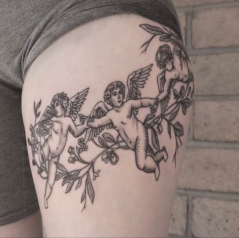 Cherub Tattoo Thigh, Unique Cherub Tattoo, Cherub Sleeve Tattoo, Cherub Rib Tattoo, Cherub With Flowers Tattoo, Cherub Tattoo Sleeve, Angel In Clouds Tattoo, Angel Stomach Tattoo, 3 Cherub Angel Tattoo