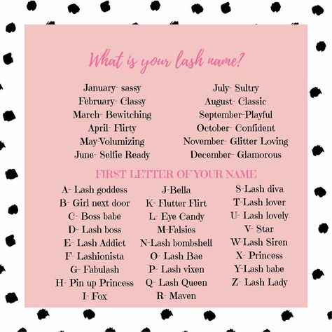 Kimberly Barton on Instagram: “What is your lash name? I made this one for my pop up launch as an engagement game. My name is in the comments💖” Lash And Nails Business Name, Lashes Names, Logo Name Ideas, Buisness Name Ideas, Lash Extensions Business, Makeup Business Names, Lashes Quotes, Client Record Book, Lash Names