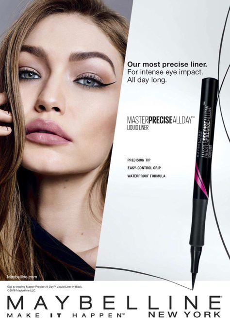 Gigi Hadid Maybelline, Fashion Advertisement, Maybelline Makeup, Cute Sleepwear, Pinterest Makeup, Cosmetic Design, Beauty Magazine, Liquid Liner, Harper’s Bazaar