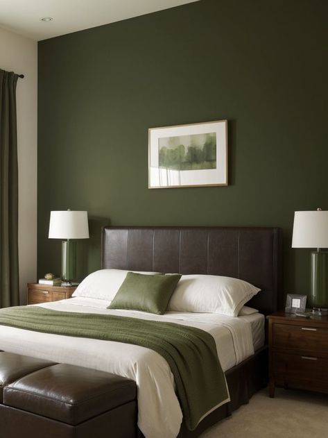 Brown Bedroom Accent Wall, Forest Green Accent Wall, Green And Brown Bedroom, Leather Headboard Bedroom, Accent Wall Inspiration, Brown Wood Bedroom, Statement Headboard, Dark Brown Bedrooms, Green Accent Wall