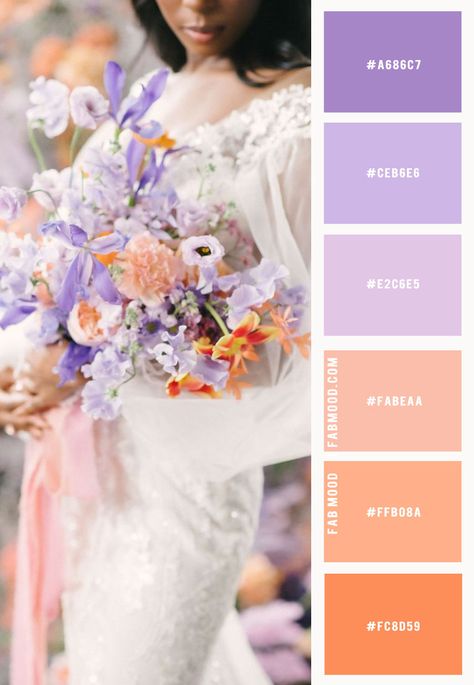 Lilac Color Palette Wedding, Colour Schemes Wedding, Classy Wedding Colors, Peach Purple Wedding, Lilac Wedding Colors, Wedding Colour Schemes, Wedding Colors Schemes, Lilac Wedding Themes, Orange Purple Wedding