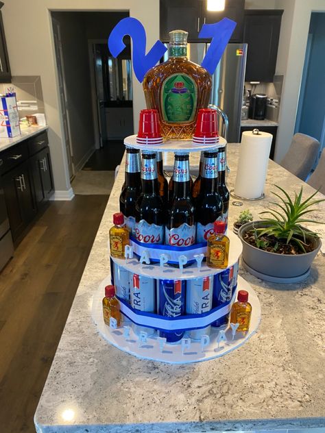 Beer Tower Cake 21st Birthday, Seltzer Tower Cake, 26 Birthday Gifts For Him, 21st Birthday Liquor Cake, Alcohol Cake Tower For Guys, Beer Tower Gift, Birthday Tower Ideas, Booze Birthday Cake, 21st Alcohol Ideas