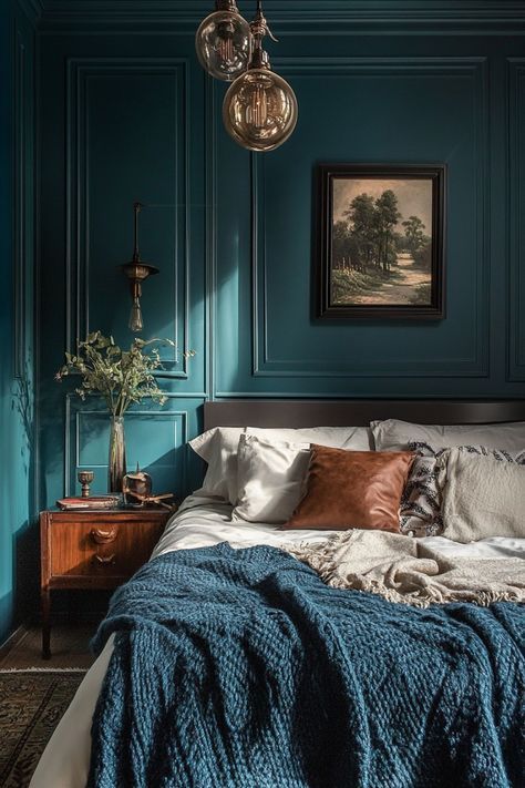 Teal Bedroom Paint, Teal Bookshelves, Dark Teal Bedroom Ideas, Teal Bedroom Designs, Dark Teal Bedroom, Blue Green Bedrooms, Teal Bedroom Ideas, Teal Bedroom Decor, Moody Interior Design