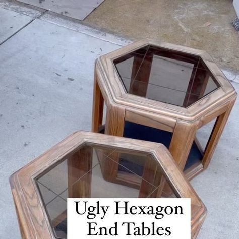 Wooden End Table Makeover, Side Table Redo Ideas, Glass Top Table Makeover, Redo End Tables Diy, Refinishing End Tables Diy, Octagon Table Makeover, Glass Table Flip, Refurbished End Tables Diy Ideas, Glass End Table Makeover