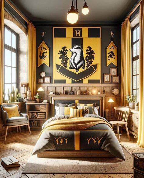 Hufflepuff Inspired Bedroom, Hufflepuff Bedroom Ideas, Harry Potter Interior Design, Hufflepuff Bedroom, Harry Potter Rooms, Hufflepuff Room, Harry Potter Interior, Hufflepuff Common Room, Goth Houses