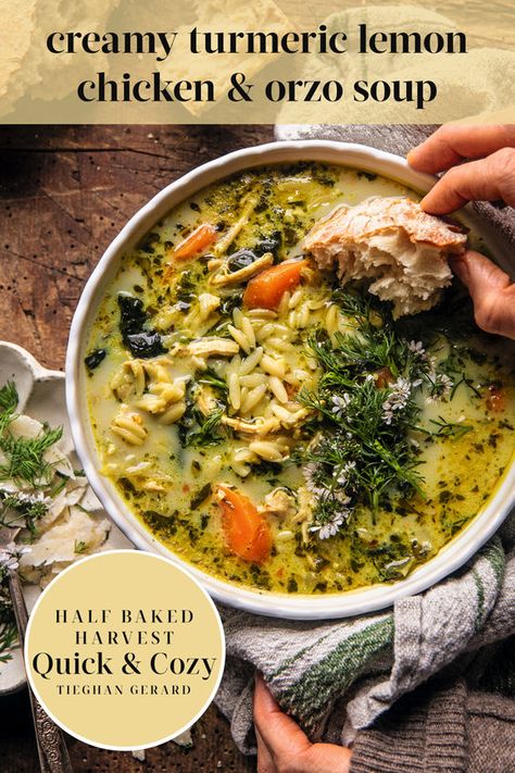 'Tis the season for comfort food cooking. This Creamy Turmeric Lemon Chicken & Orzo Soup is guaranteed to warm your soul. You'll find it and 120+ delicious, comfort food recipes—that take no time at all—in HALF BAKED HARVEST: QUICK & COZY, from the # 1 New York Times bestselling author of Half Baked Harvest Every Day. Half Baked Harvest Lemon Orzo Chicken, Half Baked Harvest Chicken Orzo, Half Baked Harvest Salsa Verde Soup, Half Baked Harvest Quick And Cozy, Chicken Soup Orzo Recipes, Lemon Tumeric Chicken Soup, Half Baked Harvest Vegetable Soup, Half Baked Harvest Chicken Soup, Chicken Turmeric Soup