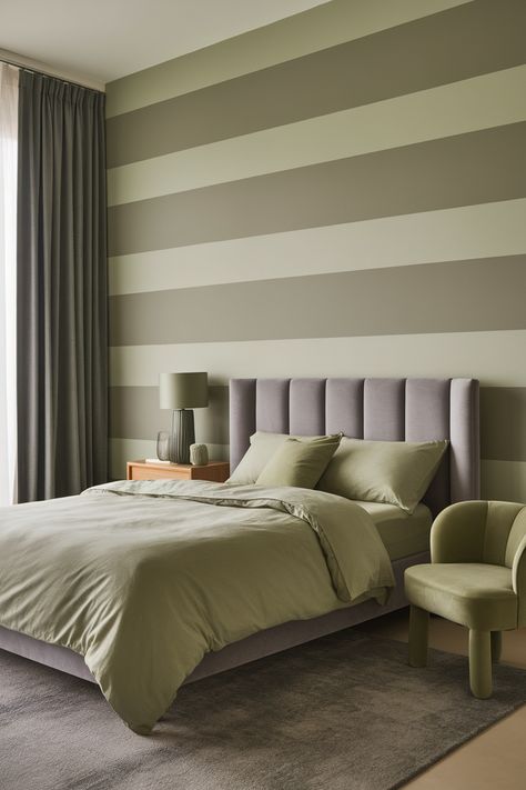 Green And Grey Bedroom Ideas, Sage Green And Grey Bedroom, Green And Grey Bedroom, Sage Green And Grey, Striped Accent Wall, Sage Green Curtains, Green Bedside Table, Grey Bookshelves, Green Nightstands