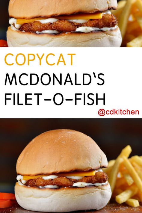 Copycat McDonald's Filet-O-Fish - Scoot over Mickey D's! Start with a good whitefish and fry until flakey. Top with tartar sauce and American cheese on your toasted bun and enjoy your homemade version of the popular filet-o-fish sandwich. Made with breaded whitefish, hamburger bun, tartar sauce, cheese, salt | CDKitchen.com Mcdonalds Fish Sandwich Recipe, Filet O Fish Recipe, Filet O Fish, Bacon Wrapped Burger, Mcdonalds Recipes, Fish Sandwich Recipes, Mac Sauce Recipe, Fish Sandwich, Copykat Recipes