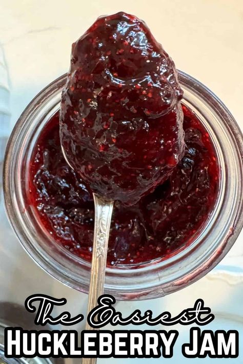 This is the easiest huckleberry jam... And the BEST you'll ever have! It's made with tons of sweet & tart huckleberries, a little sugar, lemon and thickener... That's it. This is freezer jam so it's not cooked or canned.. So it retains all those delicious it's fresh flavors! #huckleberry Huckleberry Jam, Freezer Jam Recipes, Freezer Jam, Sweet Tart, Mason Jar Lids, Raspberry Jam, Sweet Tarts, A Food, Food Processor Recipes