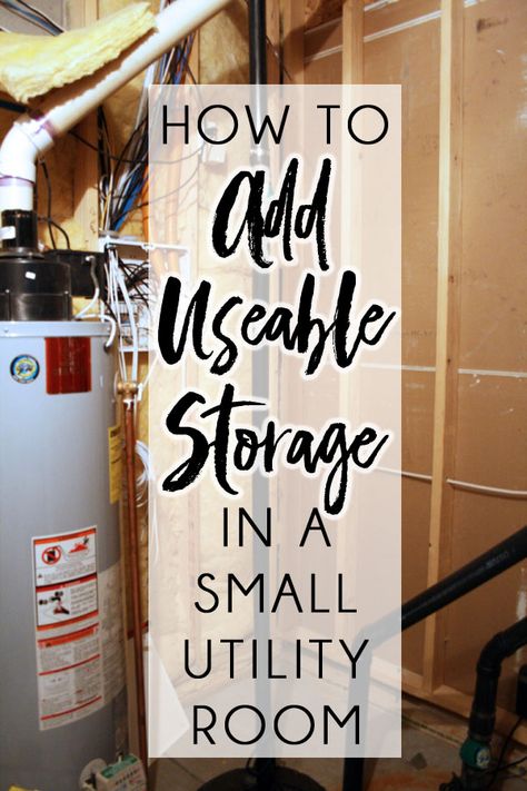 Use this utility room shelving solution to organize a tiny utility room that is right on floor space. Water Heater Closet Storage Shelves, Utility Room Tool Storage, Prop Organization Storage Ideas, No Basement Storage Ideas, Boiler Room Storage, Diy Utility Room Storage, Bulk Storage Ideas Garage, Shelves For Utility Room, How To Organise A Utility Room