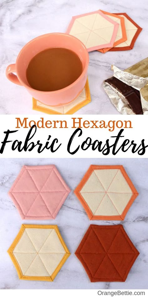 Modern Hexagon Fabric Coasters DIY Sewing Tutorial by Orange Bettie Fabric Coasters Diy, Kitchen Hatch, Apartment Diys, Quilted Crafts, Coasters Diy, Teaching Sewing, Upcycled Ideas, Casserole Carrier, Diy Sewing Tutorials