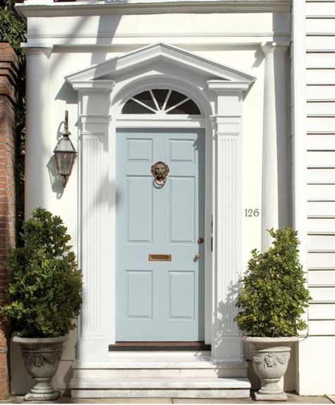 Benjamin Moore’s  Smoke Wythe Blue Cabinets, Wythe Blue Front Door, Sage Green Paint Color, Wythe Blue, Exterior Door Colors, Palladian Blue, Green Shutters, Green Front Doors, Blue Front Door