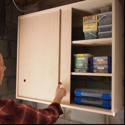 Marie | DIY Montreal’s Instagram profile post: “Here's a speedy recap of how I made this storage cabinet with sliding doors. ▶️ Video is up on my YouTube channel! 📕 Plans available at…” Chest Of Drawers With Sliding Doors, Sliding Storage Cabinet, Diy Sliding Door Cabinet, Diy Montreal, Cabinet With Sliding Doors, Sliding Cabinet Doors, Diy Sliding Door, Sliding Mirror, Hanging Cabinet