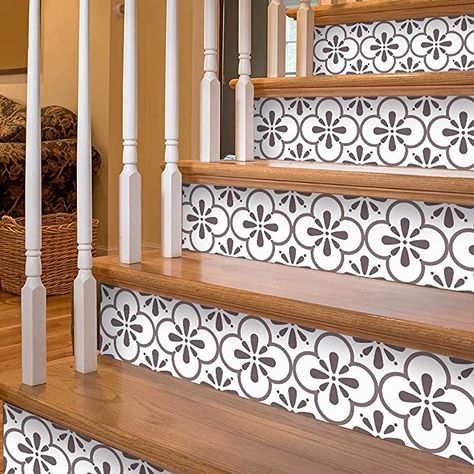 Scandinavian Stairs, Vinyl Stair Risers, Staircase Decals, Stair Riser Vinyl, Black Mosaic Tile, Wallpaper Stairs, Vinyl Stairs, Stairs Renovation, Hallway Stairs