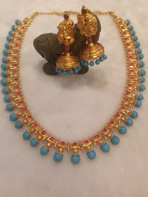 Antique Turquoise Haram Set Silver Jhumkas, Simple Necklace Designs, Red Crystal Necklace, Antique Turquoise, Beautiful Gold Necklaces, Green Beaded Necklace, Diamond Necklace Designs, Gold Necklace Simple, Beaded Necklace Designs