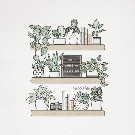 Plant Pots Drawing, Books On Shelves Aesthetic, Books On Shelves Drawing, Cute Plant Drawings Simple, Plants On Shelf Drawing, Plants In Pots Drawing, Books And Plants Shelves, Easy Plant Sketches, Easy Plants Drawing