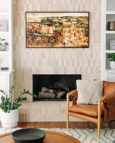 white zellige tile fireplace - Google Search Black Terracotta Tile Fireplace, Fireplace Zellige Tile, Tile Wall In Living Room, Natural Tile Fireplace, Tiled Living Room Wall, Zellige Fireplace Surround, Zellige Tile Fireplace Surround, Modern Tile Fireplace Ideas, Terracotta Fireplace Tile