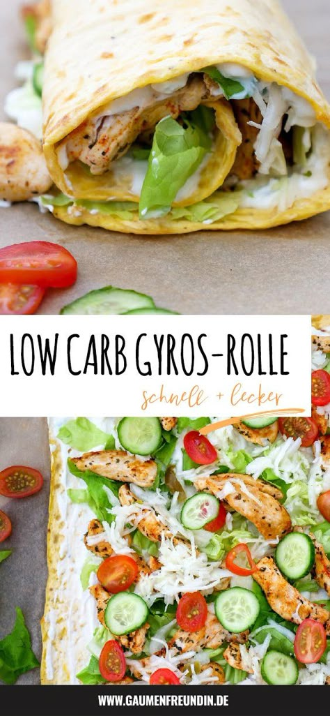 Schnelle und einfache Low Carb Gyros-Rolle mit Tzatziki, Krautsalat, Tomaten, Hähnchen und Gurken für alle Döner-Fans - perfekt für das gesunde Low Carb Essen - Gaumenfreundin Foodblog #gyros #döner #dönerrolle #lowcarb Resep Salad, Diner Recept, Cole Slaw, God Mat, Chicken Alfredo, Kebabs, No Carb Diets, Tortellini, Low Calorie Recipes