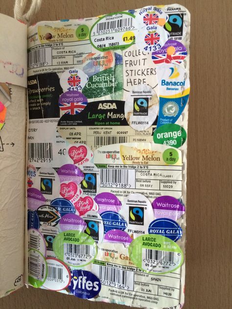 Rock This Journal, Ideas For Stickers Collection, Trash Journal Ideas, Wreck This Journal Ideas, Trash Journal, Collection Journal, Junk Journal Ideas, Scrapbook Inspo, Fruit Stickers