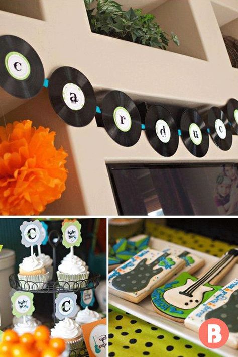 Is mom-to-be a music lover? Decorate the shower with records and even guitar-shaped cookies. (Yum!) Guests can take home CDs of modern lullabies. Music Birthday Party, Music Theme Birthday, Rockstar Birthday, Rock Star Birthday, Rockstar Birthday Party, Rock N Roll Party, Circle Designs, Music Themed Parties, Rock Star Party