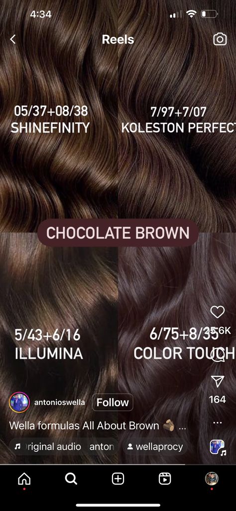 Brown Hair Formulas Chocolate, Rich Brown Hair Color Formula, Koleston Perfect Color Chart, Shades Eq Chocolate Brown Formula, Wella Shinefinity Formulas, Brown Hair Formulas, Shinefinity Formulas, Chocolate Brown Hair Formula, Level 5 Brown Hair