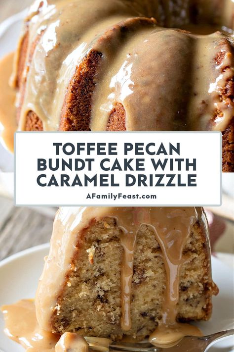 Caramel Drizzle Recipe, Pecan Bundt Cake, Drizzle Recipe, Easy Toffee, Brown Sugar Cakes, Toffee Chips, Cake With Caramel, Caramel Drizzle, Healthy Cake Recipes