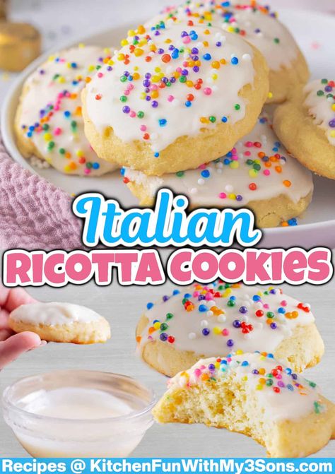 These Ricotta Cookies are irresistibly soft, tender, and packed with flavor, making them perfect for the holidays or any occasion throughout the year. The ricotta cheese lends a rich, moist texture, while the vanilla icing adds a delicate sweetness that takes these cookies to the next level. Easy to make and even easier to enjoy. Ricotta Cookies With Cream Cheese Icing, Italian Cookies With Ricotta Cheese, Ricotta Cookies Easy, Italian Ricotta Cookies Christmas, Easy Ricotta Cheese Recipes, Ricotta Recipes Dessert, Ricotta Cheese Cookies, Ricotta Cookies Recipe, Three Ingredient Cookies