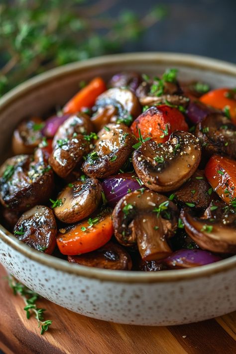 Sautéed mushrooms, carrots, and onions garnished with herbs in a ceramic bowl. Mushroom Meals, Portobello Mushroom Burger, Mushroom Omelette, Mushroom Dishes, Mushroom Quiche, New Dinner Ideas, Mushroom Stroganoff, Mushroom Dish, Mushroom Burger