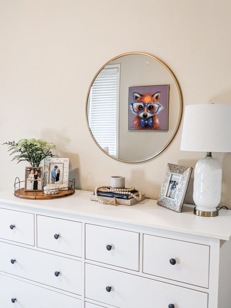 Dresser Round Mirror Decor, Women’s Dresser Decor, Office Dresser Decor, Boho Dresser Decor Bedroom, Photo Wall Above Dresser, Picture Frame On Dresser, Shelves On Top Of Dresser, Bedroom Dresser Decor Ideas Farmhouse, How To Organize Top Of Dresser