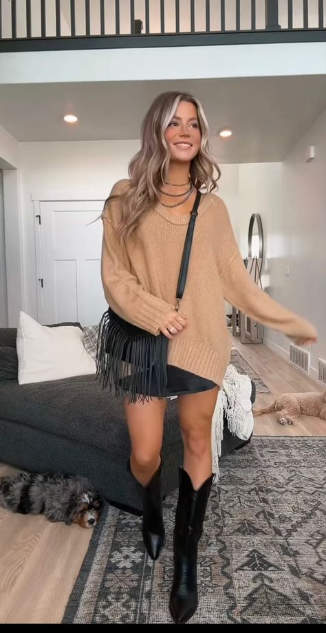 Dark Brown Fall Outfits, Skirt Snd Sweater, Boot And Skirt Outfits, Country Winter Concert Outfit, Frazzled English Woman Outfit Ideas, Thanksgiving Day Outfits Women Casual, Nashville Outfits Going Out Winter, Nashville Outfits March, Skirt And Sweater Outfit Winter