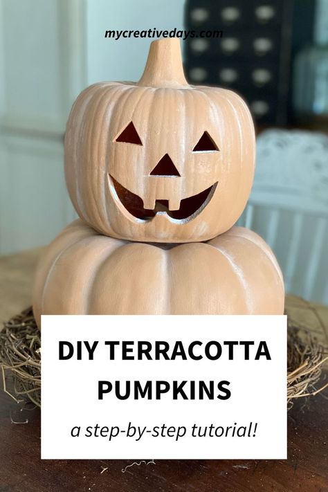 Diy Whimsical Halloween Decor, Faux Terracotta Pumpkin Diy, Terracotta Pumpkin Decor, How To Make Terra Cotta Pumpkins, Terracota Pumpkin Diy, Paint Pumpkins Terracotta, Terracota Pumpkins, How To Make Terracotta Pumpkins, Terracotta Pumpkins Front Porch