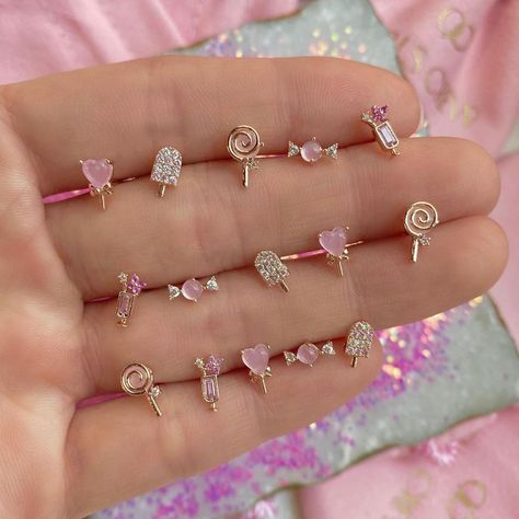 Cool Ear Piercings, Pretty Ear Piercings, Pink Studs, Fancy Jewellery, Gold Earrings Designs, Stud Set, Fantasy Jewelry, Pink Earrings, Girly Jewelry