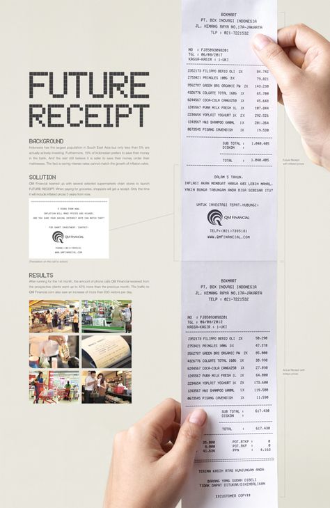 Future Receipt by Tania Huiny, via Behance Receipt Graphic Design, Senior Project, Past Present Future, Menu Design, Innovation Design, Sustainable Fashion, Art Inspo, Composition, Indonesia