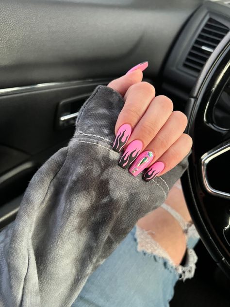 Black Nails With Pink Flames, Pink Foil Nails, Casket Nails, Pink Flames, Black Smokey, Matte Black Nails, Pink Foil, Black Nail, Black Fire