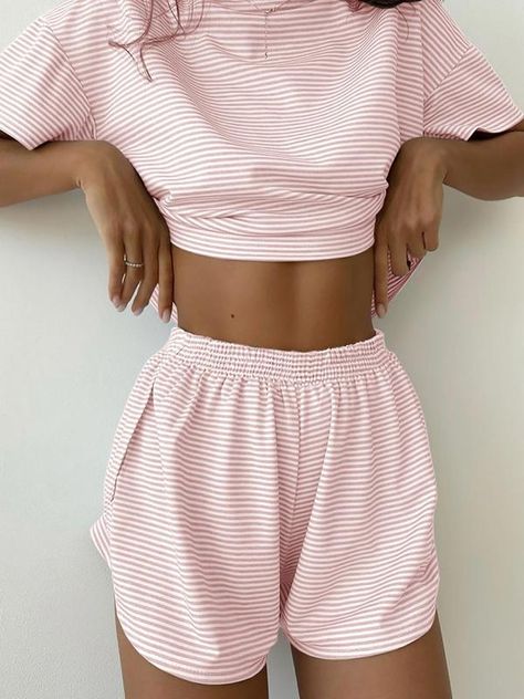 Short Loungewear, Drop Shoulder Tee, Short Pj Set, Striped Pyjamas, Loungewear Women, Loose Knit, Womens Pyjama Sets, Knit Long Sleeve, Elastic Waist Shorts