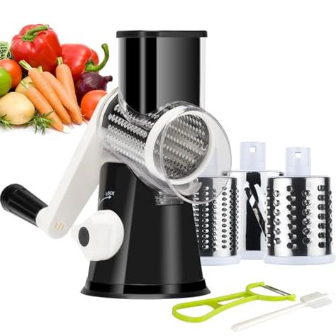 Ourokhome Rotary Cheese Grater Shredder, Round Mandolin Slicer with Handle and 3 Drum Blades, Kitchen Manual Vegetable Slicer Nuts Grinder with Cleaning Brush and Peeler, Black Cheese Shredder, Cheese Grater, Vegetable Slicer, Hand Crank, No Electricity, Kitchen Gadgets, Nuts, Gadgets, Cheese