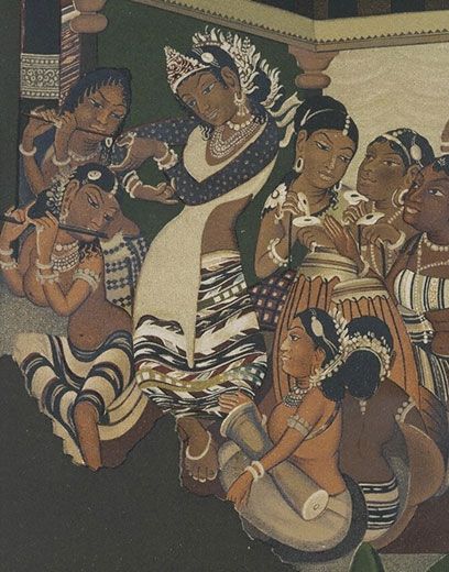 Figure 3. Detail from Ajanta painting by Robert Gill. Museum no. IS.53-1885. Photograph by V Ancient Indian Paintings, Ajanta Ellora, Ajanta Caves, Ancient Indian Art, Ancient Indian Architecture, Ancient Paintings, Indian Painting, Giclee Painting, Cave Paintings