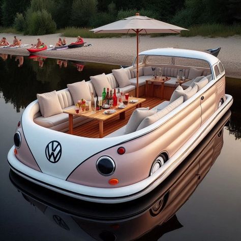 The Volkswagen Bus Inflatable Lounge Boat: A Floating Icon of Nostalgia and Innovation Mini Yacht, Truck Garage, Vintage Volkswagen Bus, Volkswagen Aircooled, Vw Westfalia, Vw Art, Vintage Volkswagen, Fun Sleepover Ideas, Gorgeous Houses