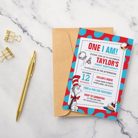 One I Am | The Cat in the Hat Birthday Invitation Cat In The Hat Invitations, Cat In The Hat Birthday Party, Cat In The Hat Birthday, Birthday Second, Dr Seuss Birthday Party, Hat Birthday, Birthday Party Snacks, Dr Seuss Birthday, Boy Birthday Party Themes