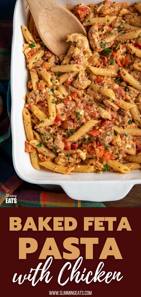 Feta Pasta With Chicken, Mediterranean Chicken Pasta, Weight Watchers Pasta, Tomato Pasta Bake, Greek Chicken Pasta, Chicken Penne Pasta, Chicken Tomatoes, Penne Pasta Recipes, Baked Feta Pasta