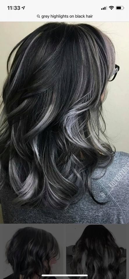 Black With Silver Highlights Short, Black Hair With Gray Front Pieces, Skunk Highlights Black Hair, Black Hair With Frosted Tips, Gray Peekaboo Hair, Black Hair With Silver Balayage, Grey Peekaboo Hair, White Highlights On Black Hair, Silver Highlights On Dark Hair