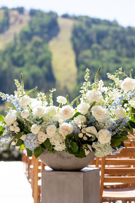 Stunning Ceremony Aislemarker - Gorgeous Light Blue & White Floral - Sweet Mountainside Summer Wedding in Park City, Utah White Floral Ceremony, Isle Decorations, Aisle Florals, Floral Ceremony, Ceremony Aisle, Wedding Isles, Aisle Flowers, Altar Decor, Fancy Wedding