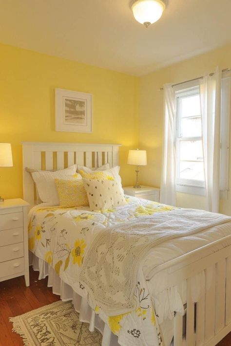 Light Yellow Walls, Yellow Bedroom Walls, Peach Bedroom, Paint Themes, Yellow Trim, Rose Decor, Yellow Walls, Golden Rose, Dream Bedroom