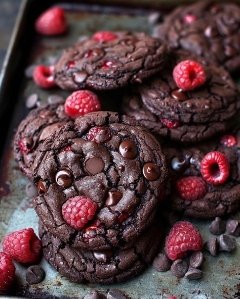 Recipes Trends | Raspberry Chocolate Cookies | Facebook Raspberry And Chocolate Cookies, Raspberry Chocolate Recipes, Valentines Recipe, Chocolate Raspberry Cookies, Raspberry Cookie Recipes, Raspberry Cookie, Cookies Soft And Chewy, Raspberry Cheesecake Cookies, Jelly Doughnuts