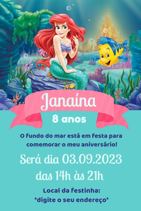 Design by Sopro de amor | Arte digital convite Aniversário Pequena sereia para editar e baixar grátis com marca d'água Como fazer convite online Aniversário Pequena sereia? 1) Escolha um dos muitos modelos disponíveis de convite online Aniversário Pequena sereia para você editar. 2) Edite e personalize com muita facilidade seu convite online Aniversário Pequena sereia usando nosso editor online. 3) Quando o seu convite online Aniversário Pequena sereia estiver pronto clique em Ariel Images, Linen Dress Pattern, Ariel Mermaid, Toy Cars For Kids, Mermaid Theme Birthday, Mermaid Theme, Little Mermaid, Childcare, Ariel