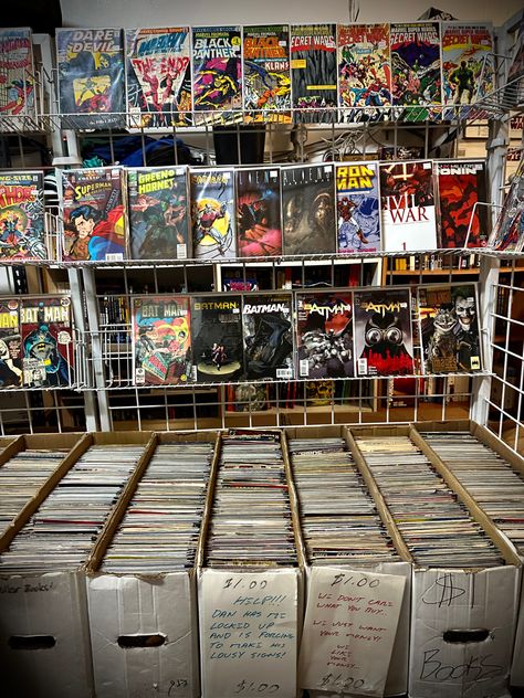 Comic Book Artist Aesthetic, Comics Aethstetic, Comic Shop Interior, Comic Book Room Aesthetic, Comic Artist Aesthetic, Comic Book Collection Aesthetic, Comic Aesthetic, Comic Book Shop Aesthetic, Comic Book Aesthetic