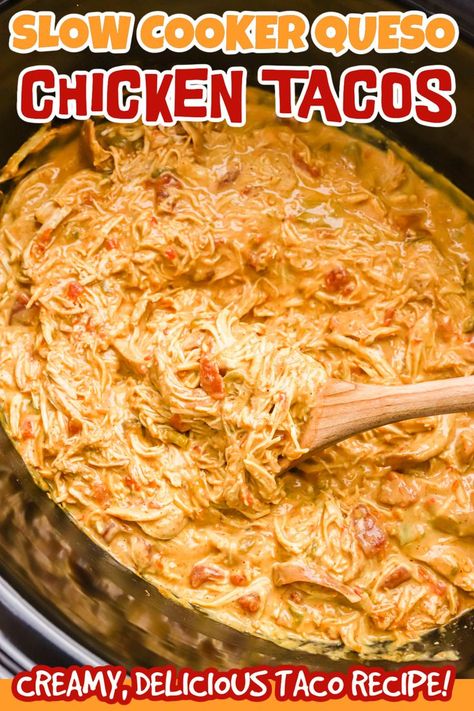 Slow Cooker Queso Chicken Tacos is made with easy ingredients. Change up Taco Tuesday with this easy and flavorful homemade taco slow cooker recipe. Chicken Queso Tacos combines chicken, taco seasoning, queso and diced tomatoes to make an amazing cheesy taco recipe. #eatingonadime #quesochickentacos #slowcookertacorecipes Chicken Queso Tacos, Taco Slow Cooker, Slow Cooker Queso Chicken, Queso Chicken Tacos, Queso Tacos, Crockpot Chicken Casserole, Slow Cooker Queso, Chicken Queso, Queso Chicken