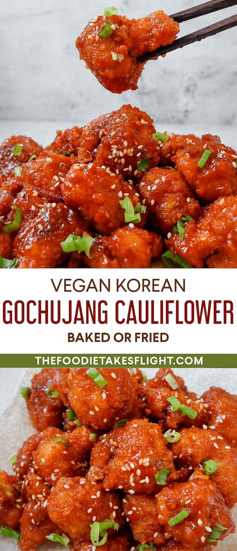 Vegan Gojuchang, Korean Baked Cauliflower, Cauliflower Recipes Korean, Korean Style Cauliflower, Gojuchang Cauliflower, Gochujang Cauliflower Recipe, Healthy Gochujang Recipes, Gochujang Recipe Vegetarian, Gochujang Vegetarian