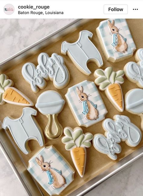 Peter Rabbit Desserts, Easter Baby Shower Ideas Boy, Peter Rabbit Sugar Cookies, Peter Rabbit Cookies Decorated, Peter Rabbit Baby Shower Cookies, Bunny Baby Shower Cookies, Bunny Theme Baby Shower Ideas, Peter Rabbit Cupcakes, Easter Themed Baby Shower Ideas